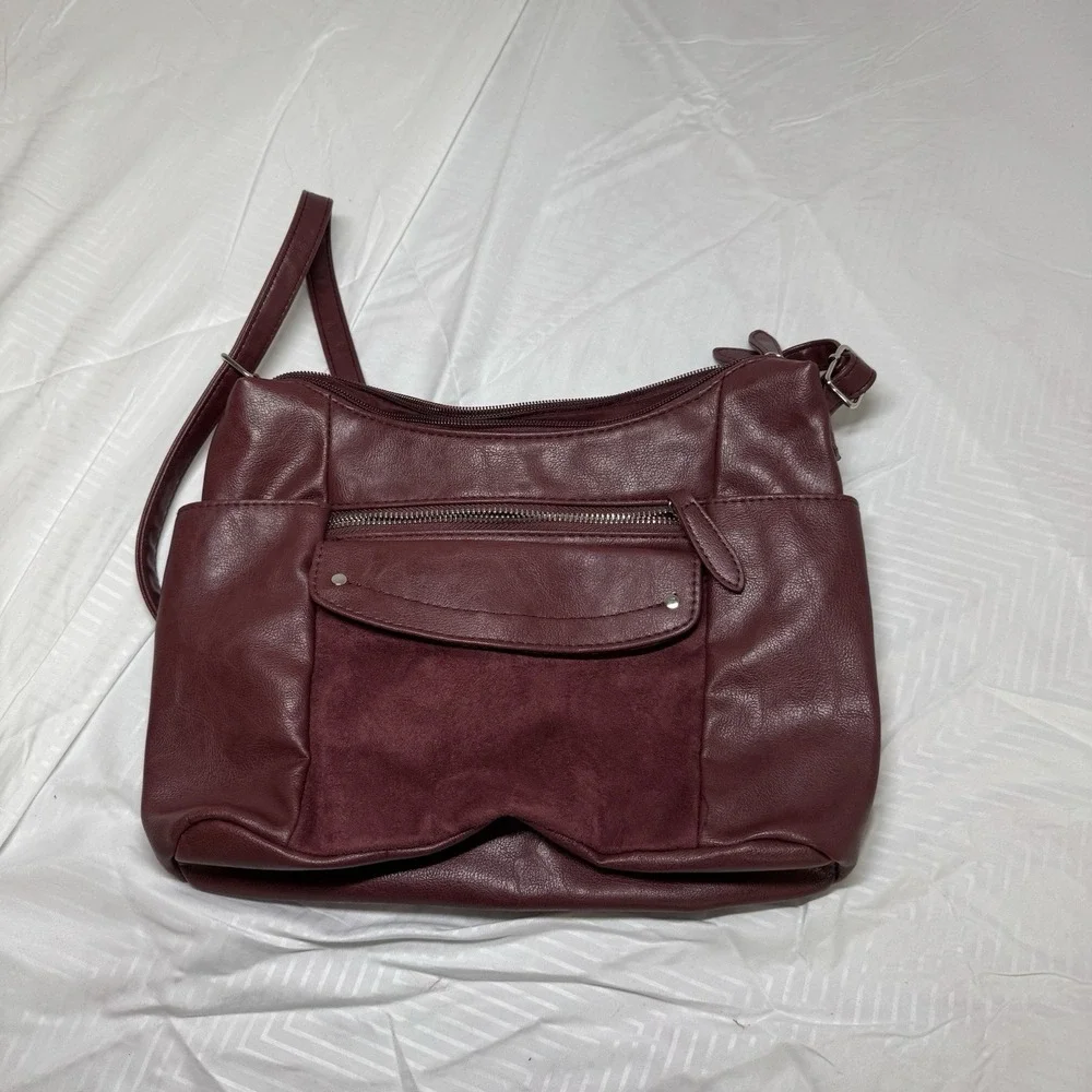 Womens Crossbody Bag Butgundy Faux Leather Multi Pockets 10 inch